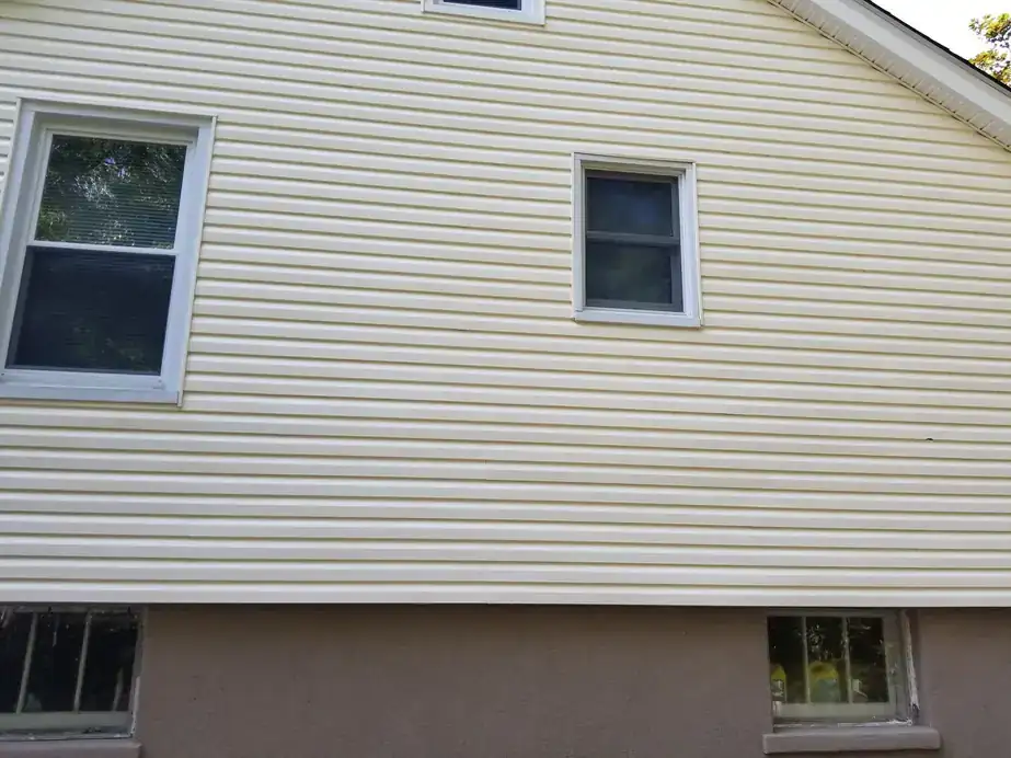 Cream vinyl siding after a Soft-Wash removed green algae streaks